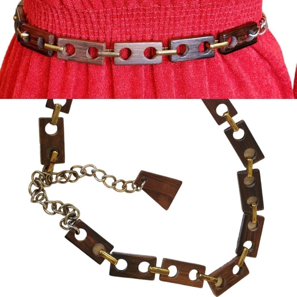 Vintage 80s Faux Wood Link Waist Belt Brown Boho Geometric Brass Silver 24-31"